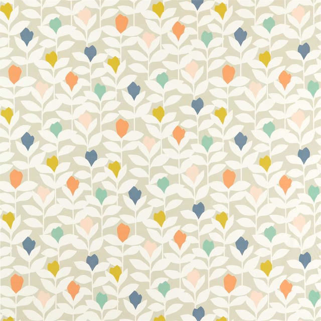 Soft sage and cream textile with terracotta, blue and mustard botanical motifs