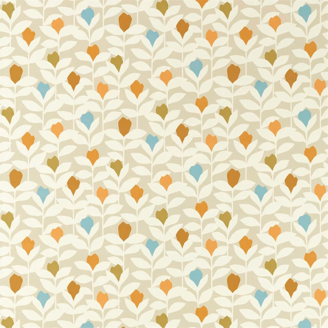 Cream botanical fabric with tangerine, ochre, olive and pale blue leaf motifs