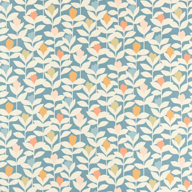 Blue-teal botanical fabric with cream leaves and coral, ochre and yellow accents