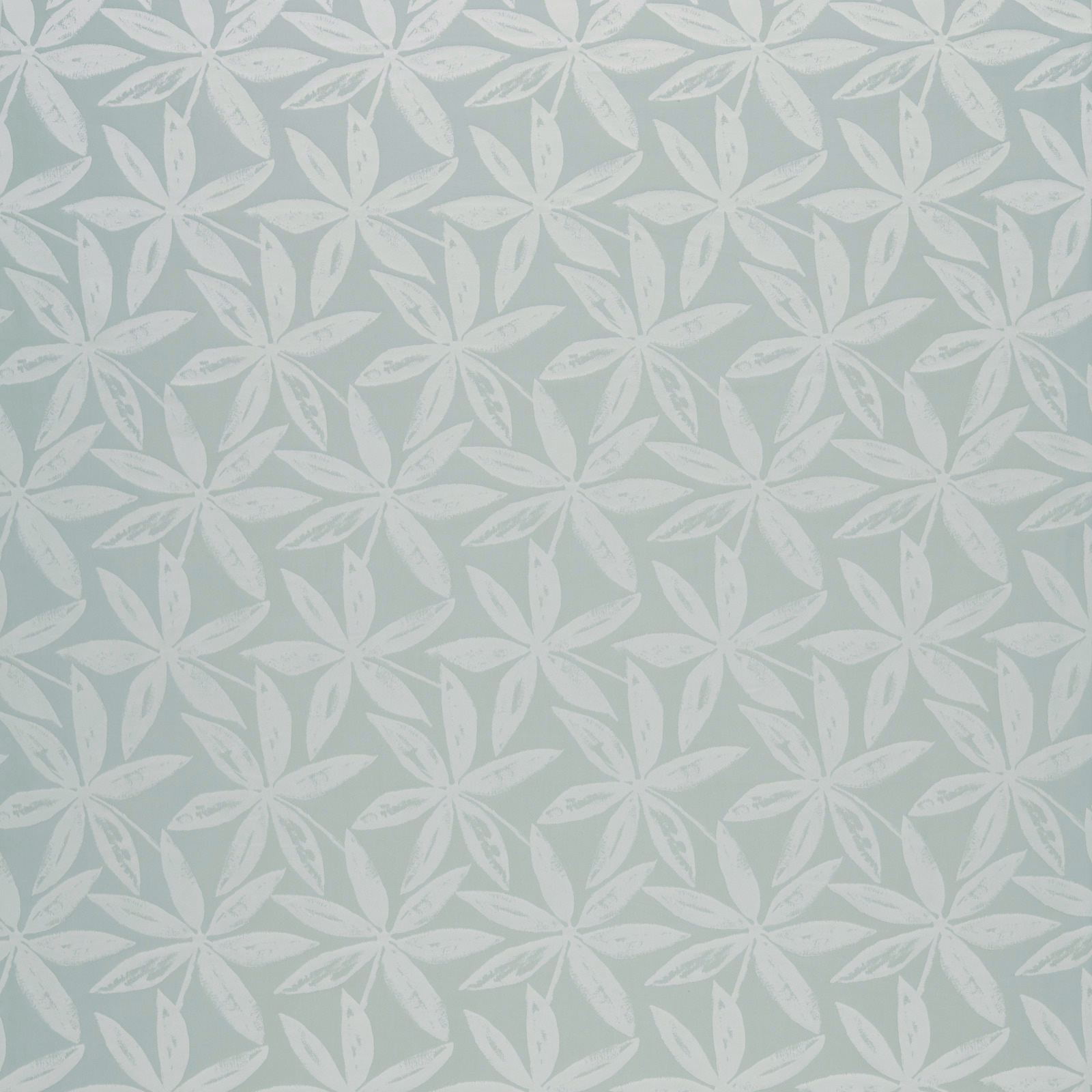 Pale sage-mint fabric with repeating ivory leafy flower motifs and a softly textured surface