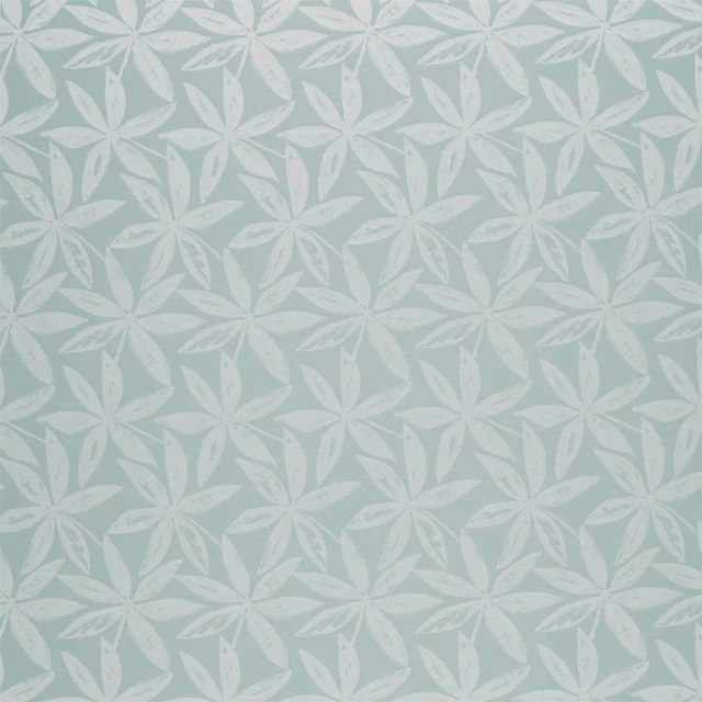 Pale sage-mint fabric with repeating ivory leafy flower motifs and a softly textured surface
