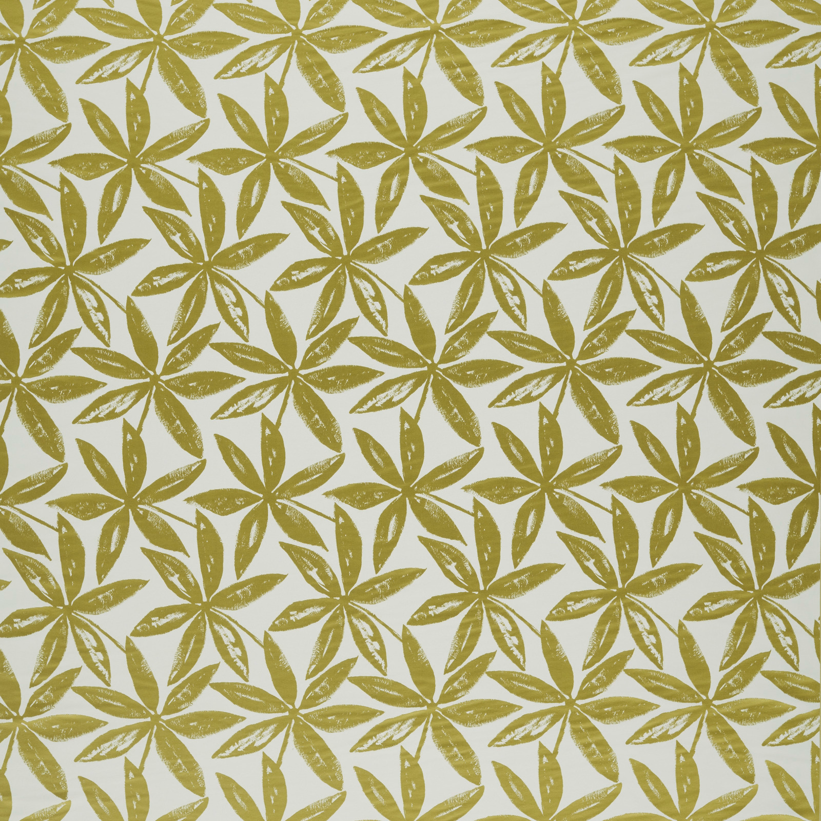 Muted lime-olive leaf rosettes in a repeating botanical pattern on cream fabric