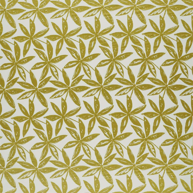 Muted lime-olive leaf rosettes in a repeating botanical pattern on cream fabric