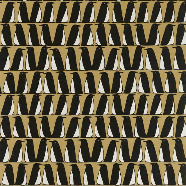 Muted mustard-olive fabric with black and ivory tapered motifs in horizontal rows