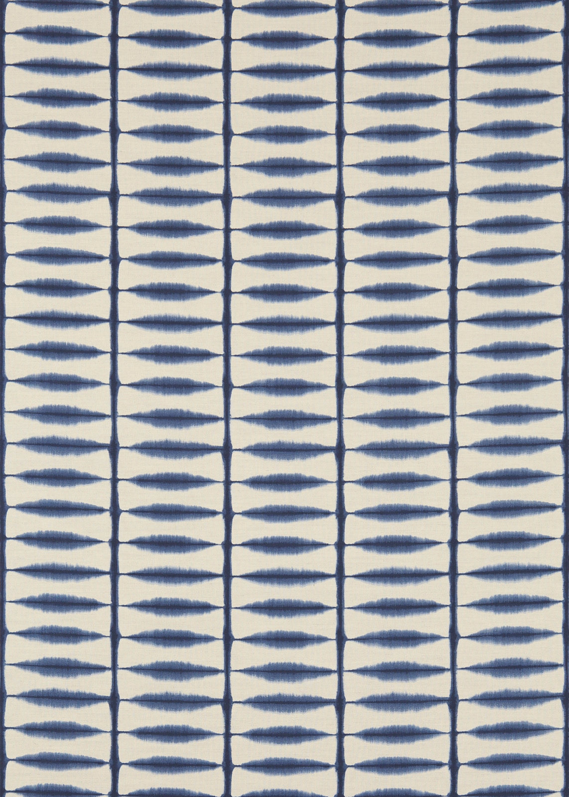 Indigo feathered motifs in a vertical grid on a linen-toned textured fabric
