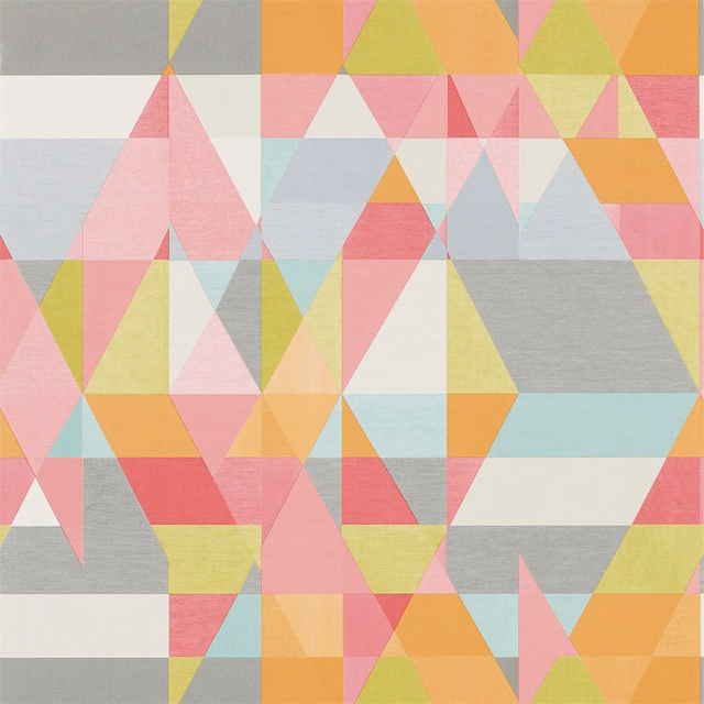 Lime, peony pink and sunset orange geometric triangles with grey and aqua blocks