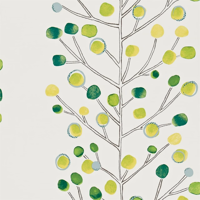 Emerald and lime tree branches with dotted blue leaf halos on chalk wallpaper