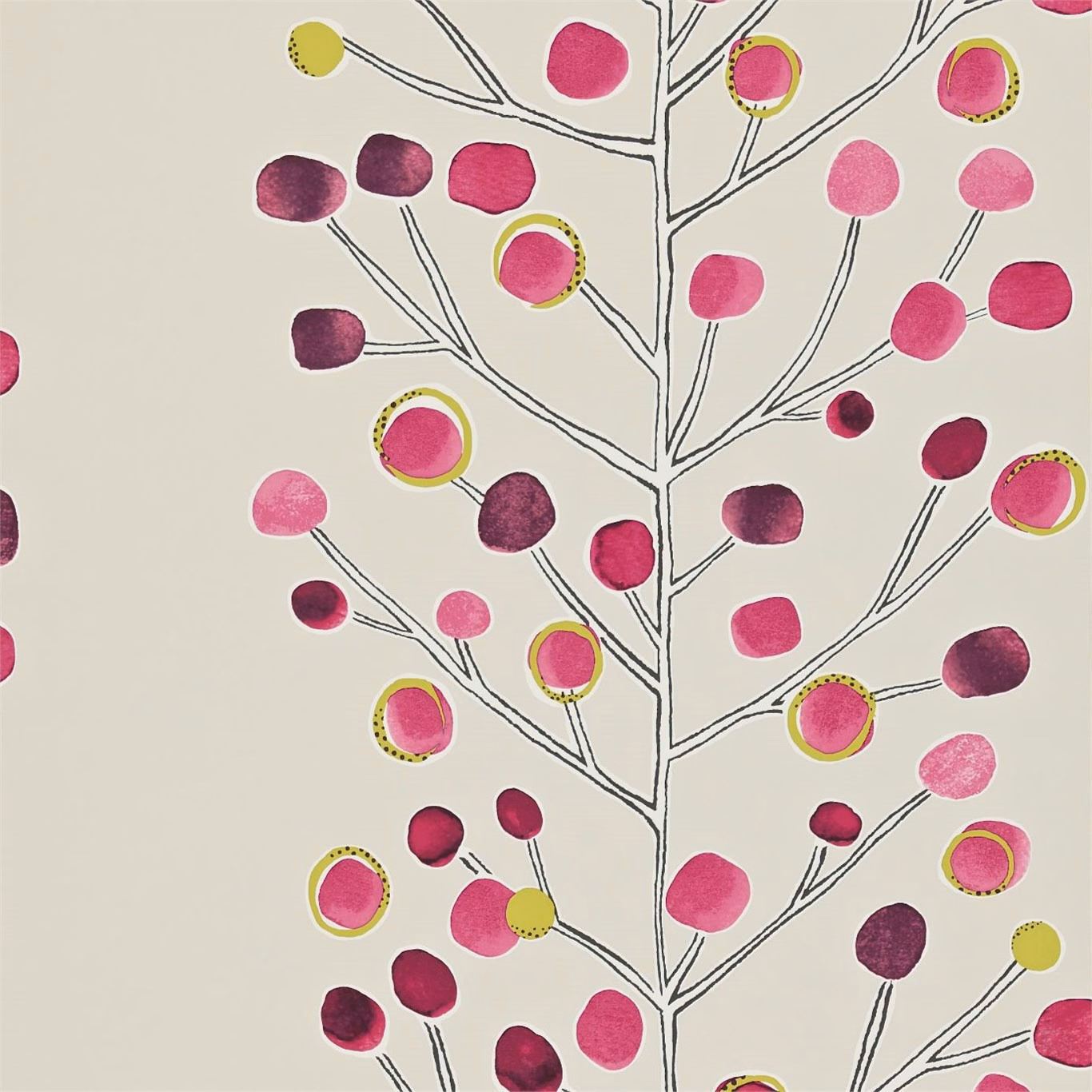 Mink wallpaper with plum and pink berries, lime rings and branching black stems