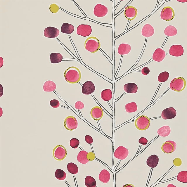 Mink wallpaper with plum and pink berries, lime rings and branching black stems