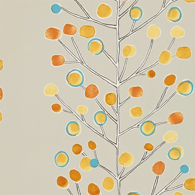 Greige wallpaper with branching stems and tangerine, lemon and powder-blue circular berries