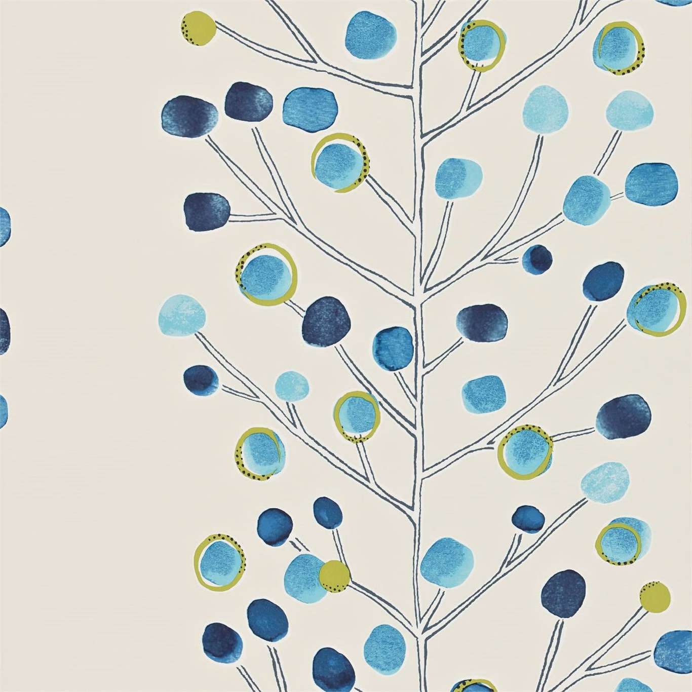 Peacock and powder blue berry circles with lime accents on a neutral tree-branch ground
