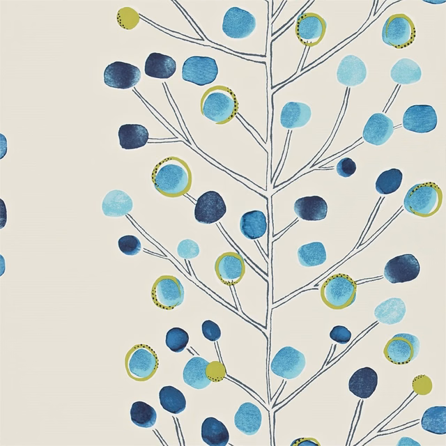 Peacock and powder blue berry circles with lime accents on a neutral tree-branch ground