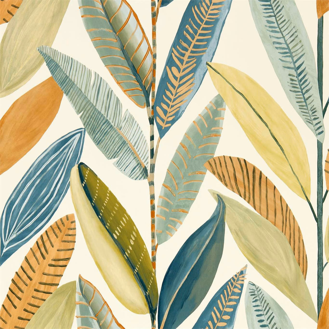 Teal, sage and ochre tropical leaves with painted veins on a cream ground