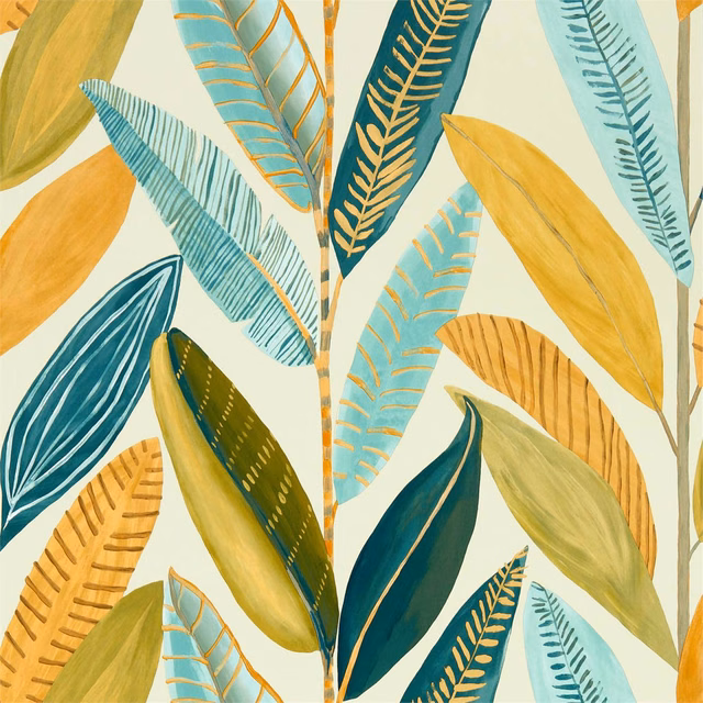 Tangerine, teal and mustard tropical leaves on a warm cream ground