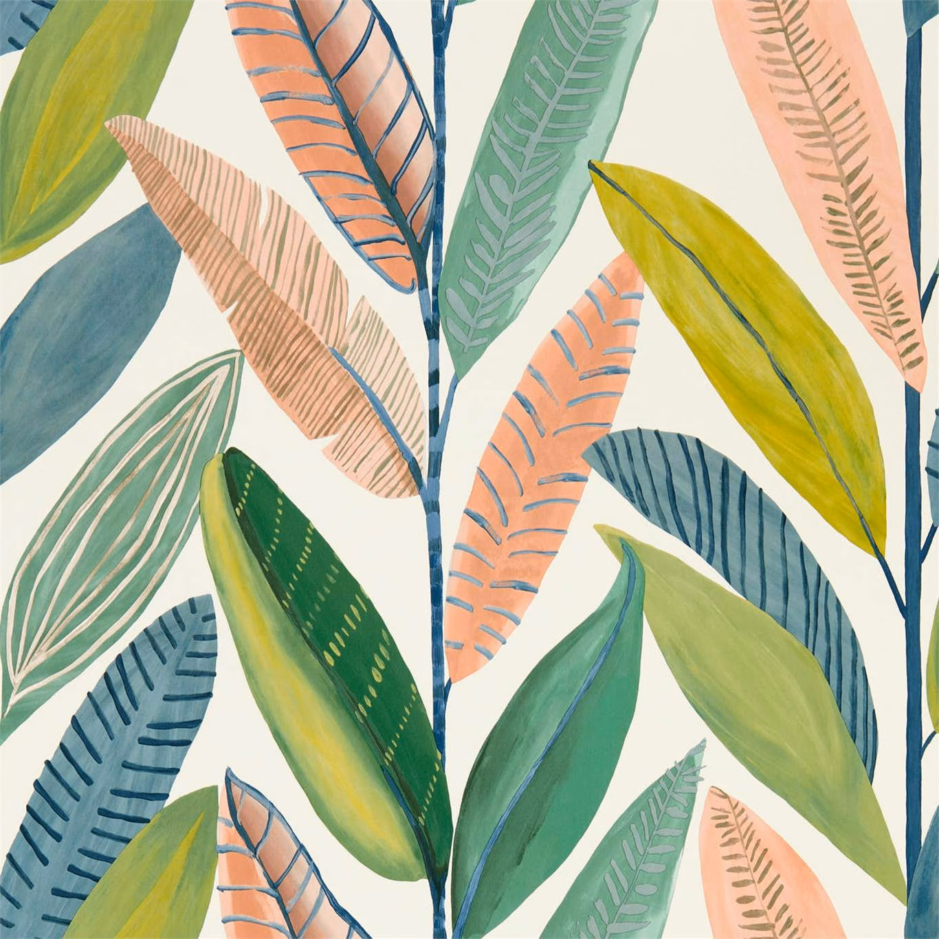 Large tropical leaves in green, teal, coral and peach on an ivory ground