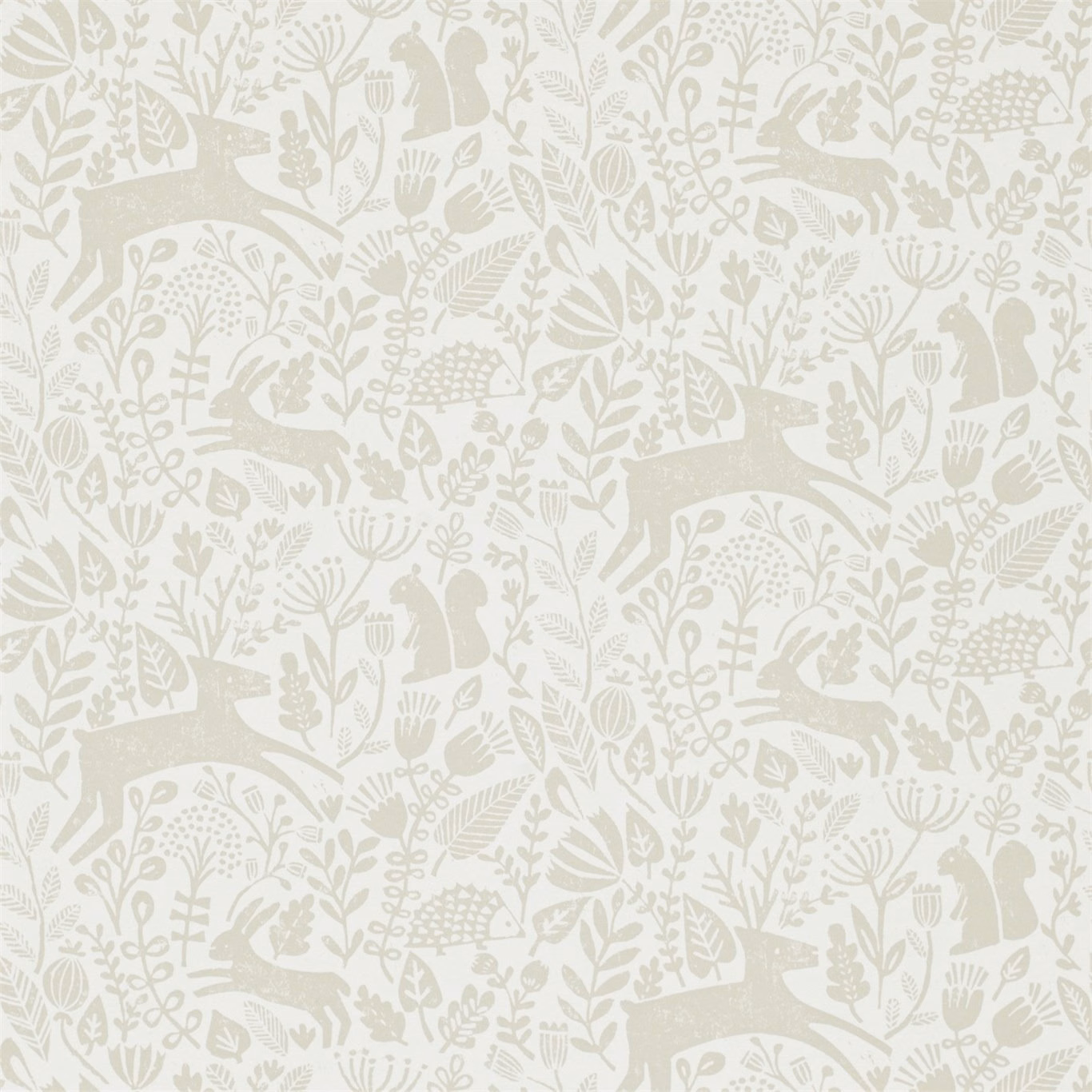 Pale pebble taupe wallpaper with deer, birds and delicate woodland foliage
