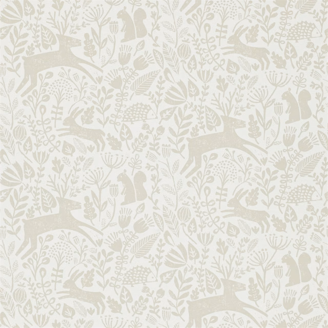 Pale pebble taupe wallpaper with deer, birds and delicate woodland foliage