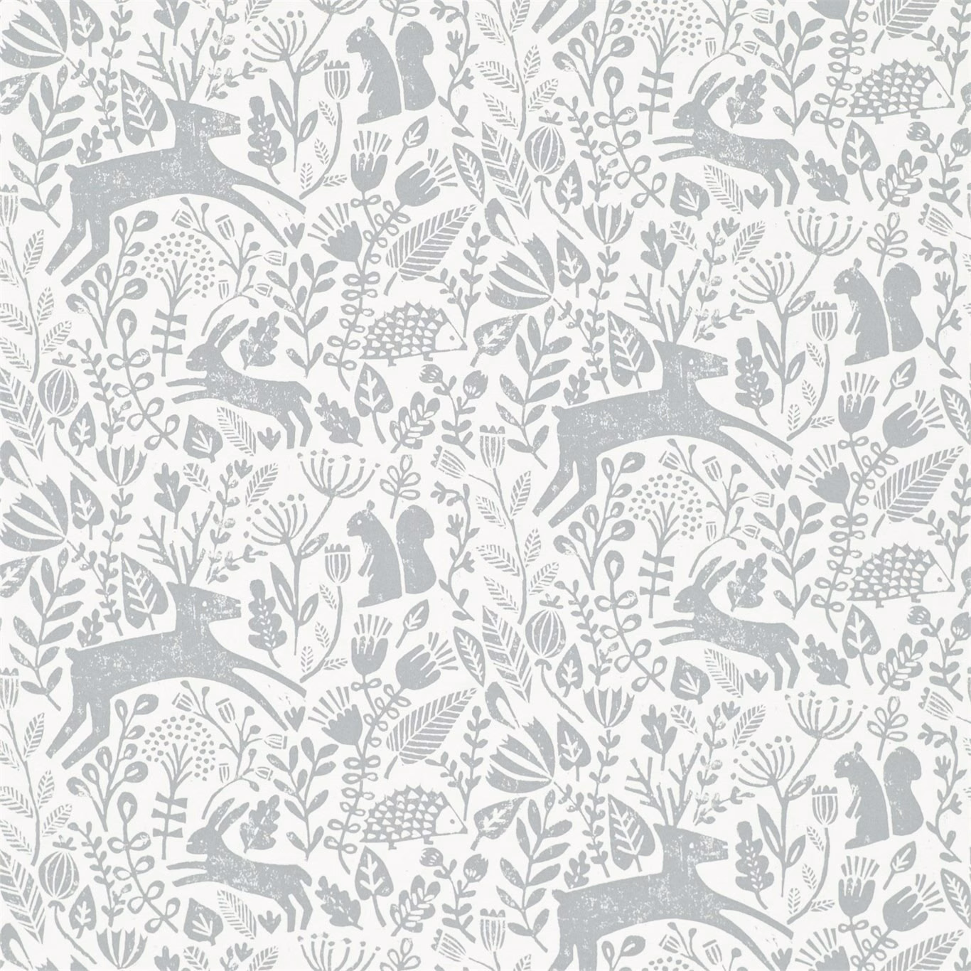 Pale grey woodland deer, birds and botanical motifs on an ivory ground