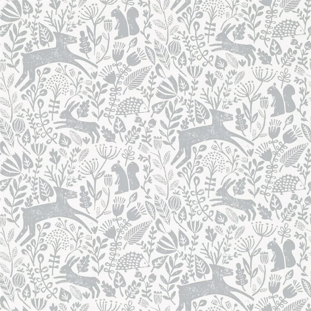 Pale grey woodland deer, birds and botanical motifs on an ivory ground