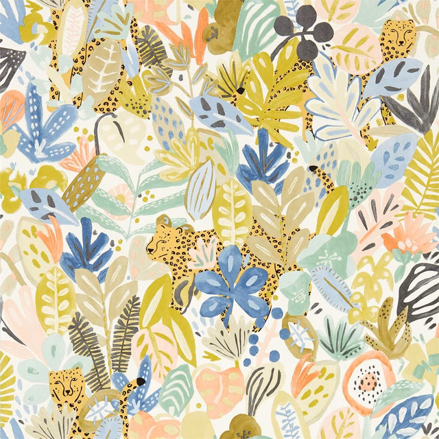 Dense pastel tropical leaves, spotted leopards and black botanical accents on white