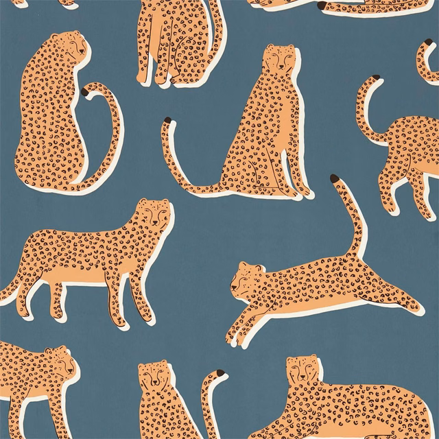Denim-blue wallpaper with peach spotted leopards and cream-edged silhouettes