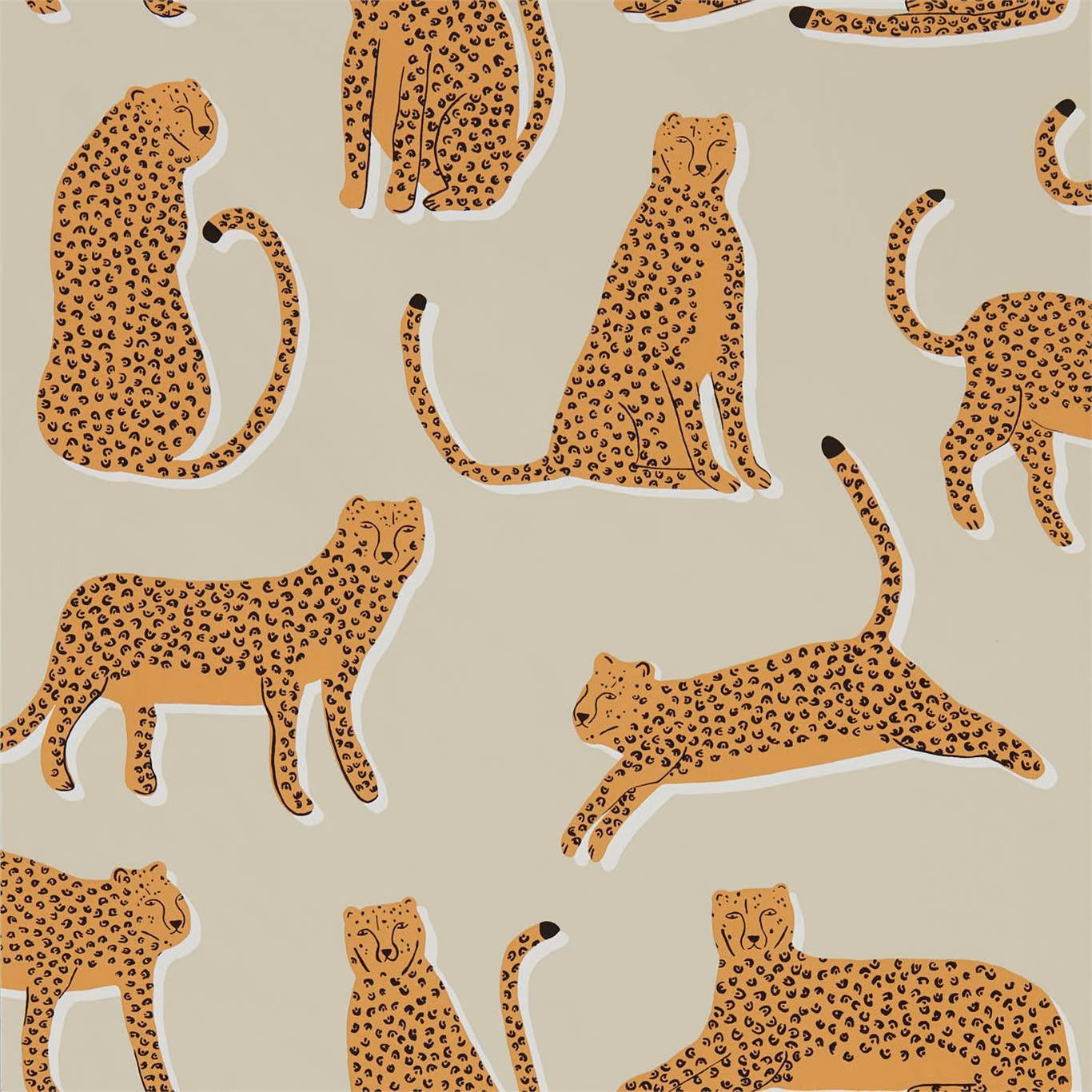 Warm ginger spotted leopards on a soft greige wallpaper ground