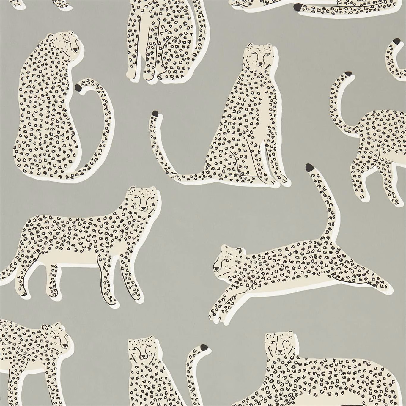 Pebble grey-green wallpaper with cream leopards covered in black spots