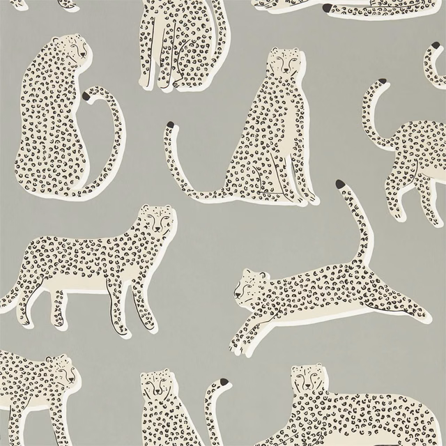 Pebble grey-green wallpaper with cream leopards covered in black spots