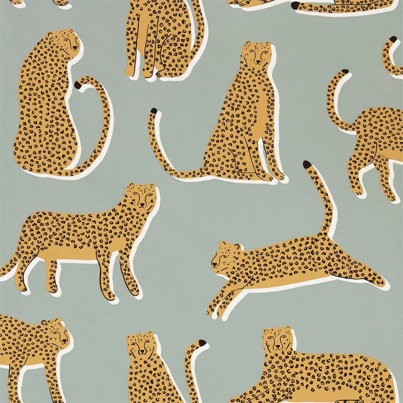 Muted sage wallpaper with ochre spotted leopards and cream outlines