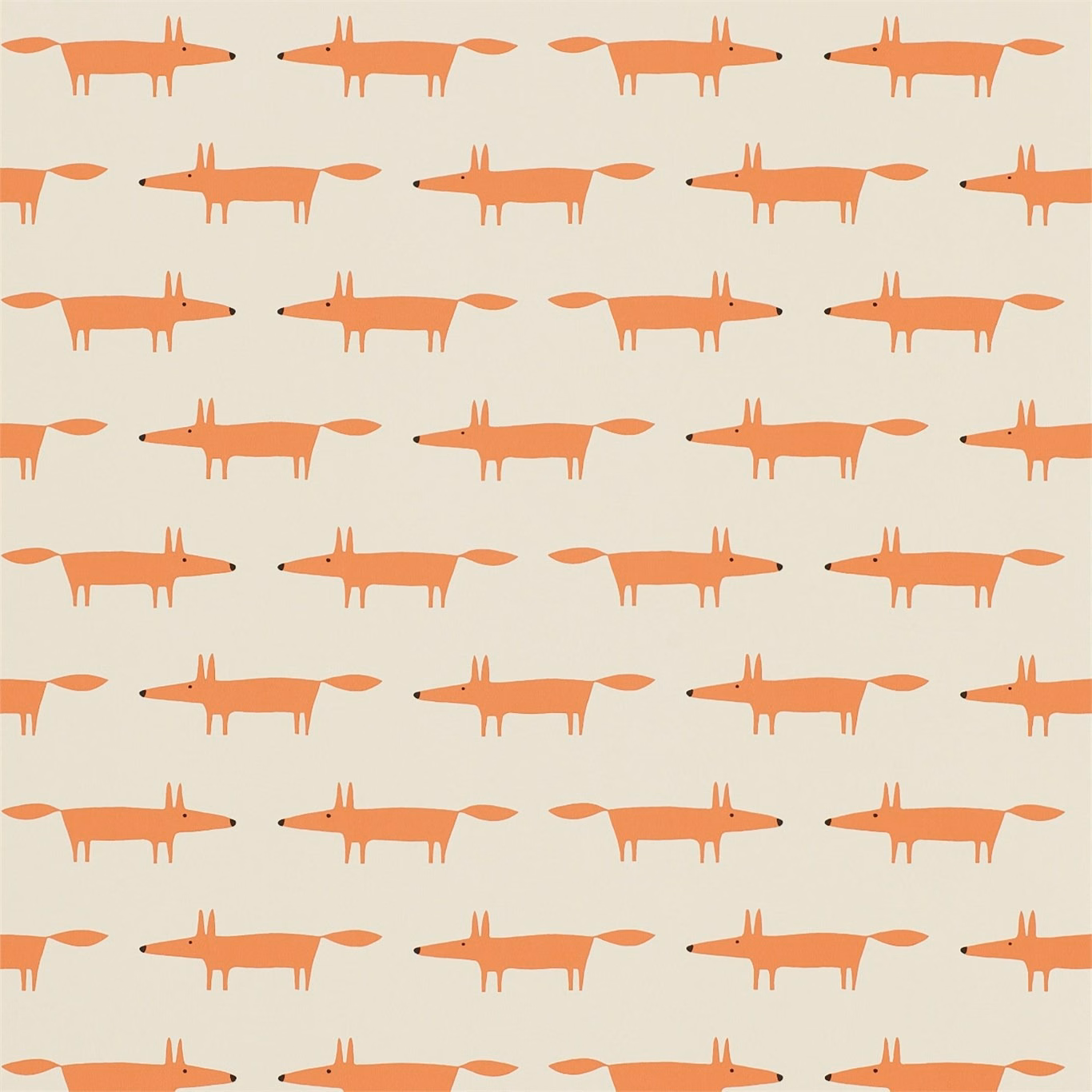 Ginger-orange foxes in rows on a pale cream wallpaper ground