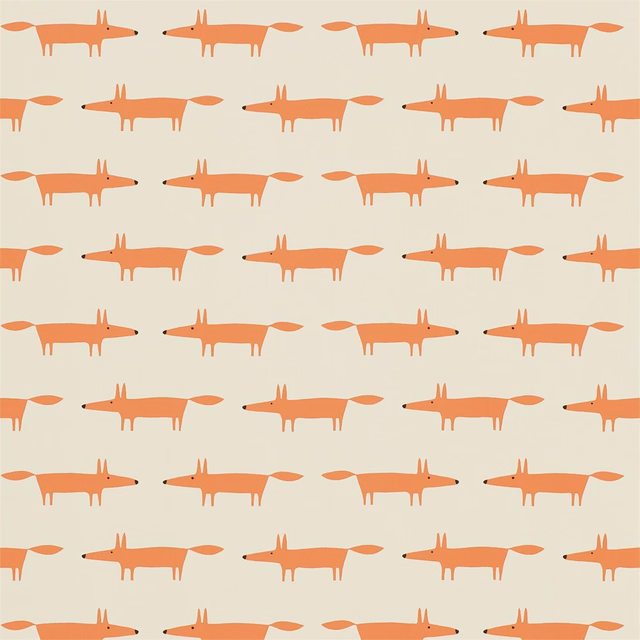 Ginger-orange foxes in rows on a pale cream wallpaper ground