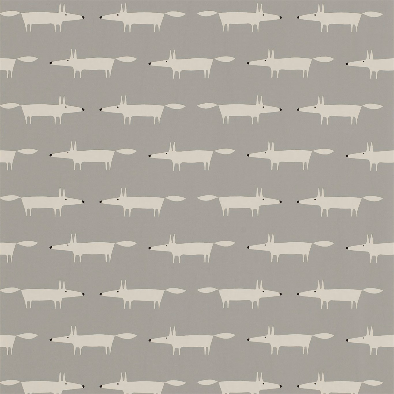 Soft silver-grey wallpaper with repeated ivory fox silhouettes and tiny black noses