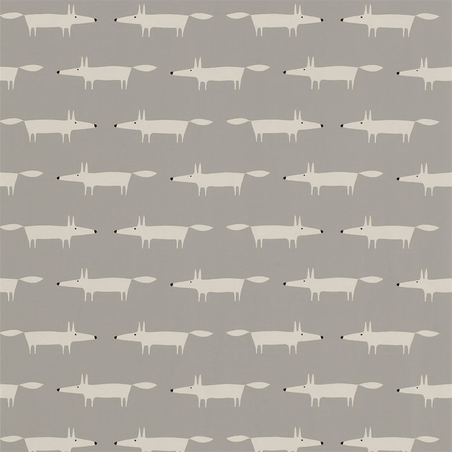 Soft silver-grey wallpaper with repeated ivory fox silhouettes and tiny black noses