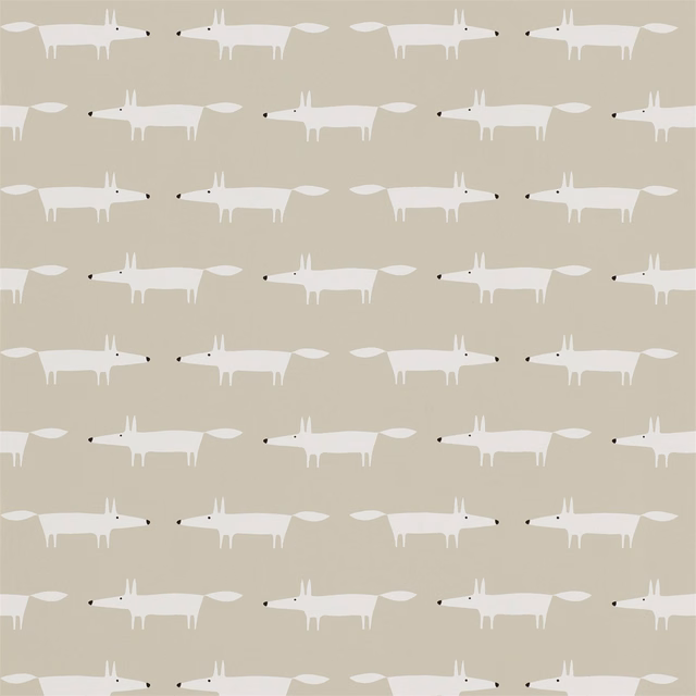 Chalk-white fox silhouettes with black noses on a warm stone-beige ground