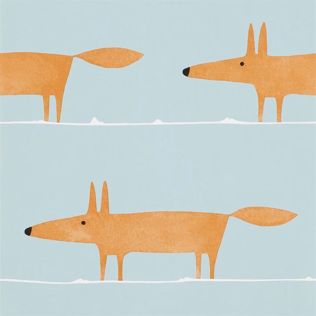 Warm auburn foxes stride across a pale blue ground above white horizon lines