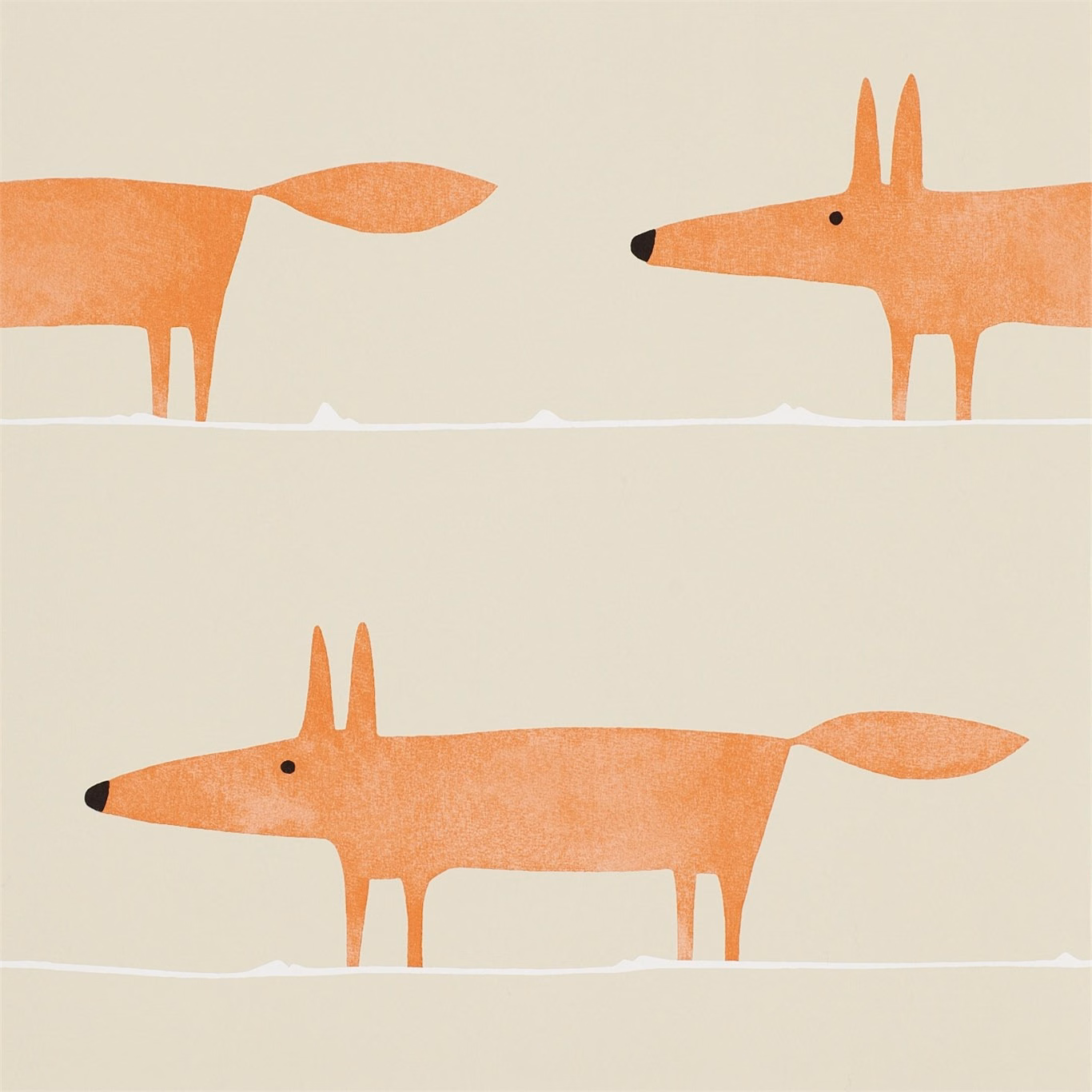 Muted ginger foxes crossing a pale cream ground with fine horizontal lines