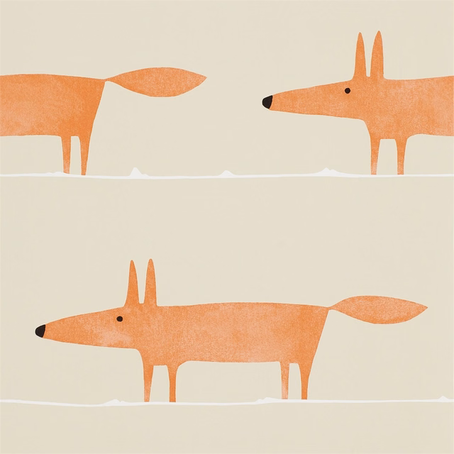 Muted ginger foxes crossing a pale cream ground with fine horizontal lines