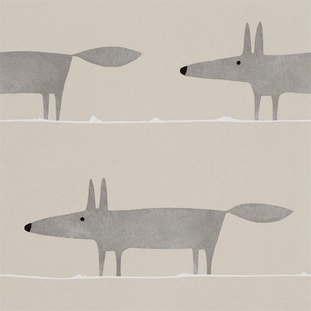Silver-grey foxes with black noses stride across a warm greige ground