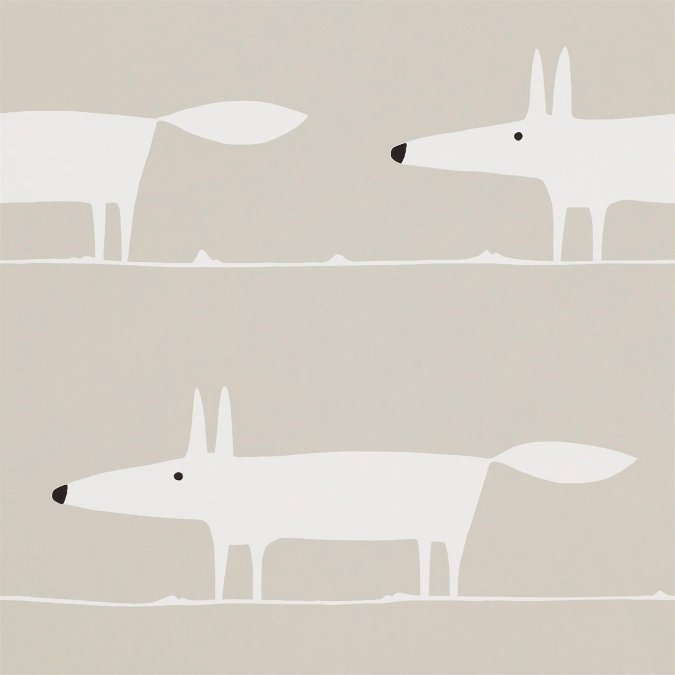 White fox silhouettes with black noses on a soft greige wallpaper ground