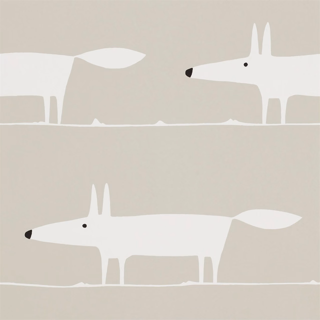 White fox silhouettes with black noses on a soft greige wallpaper ground