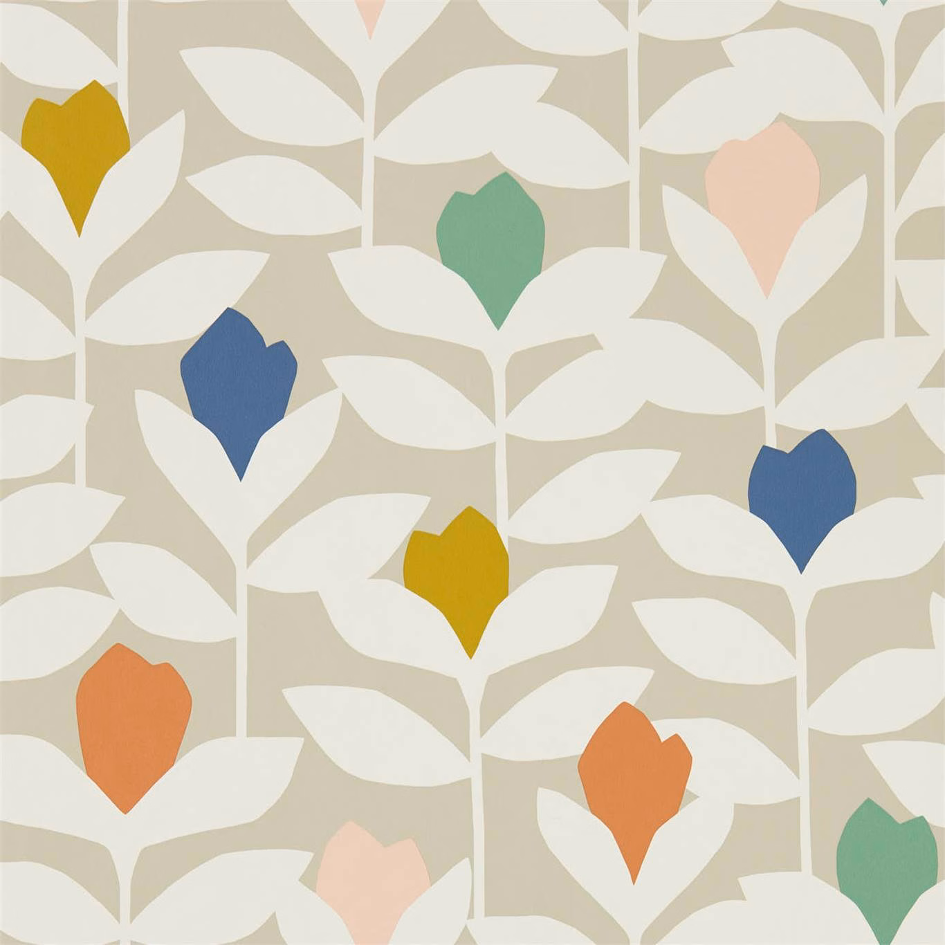 Taupe botanical wallpaper with cream leaves and mustard, blue, green and coral accents
