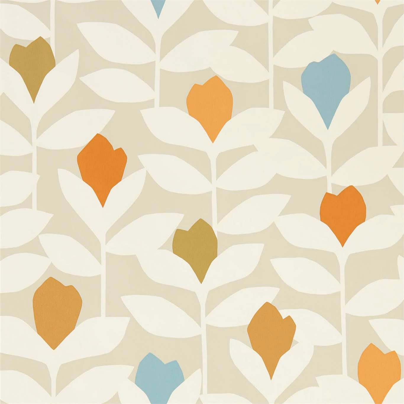 Tangerine and teal botanical stems with cream leaves on a warm greige ground
