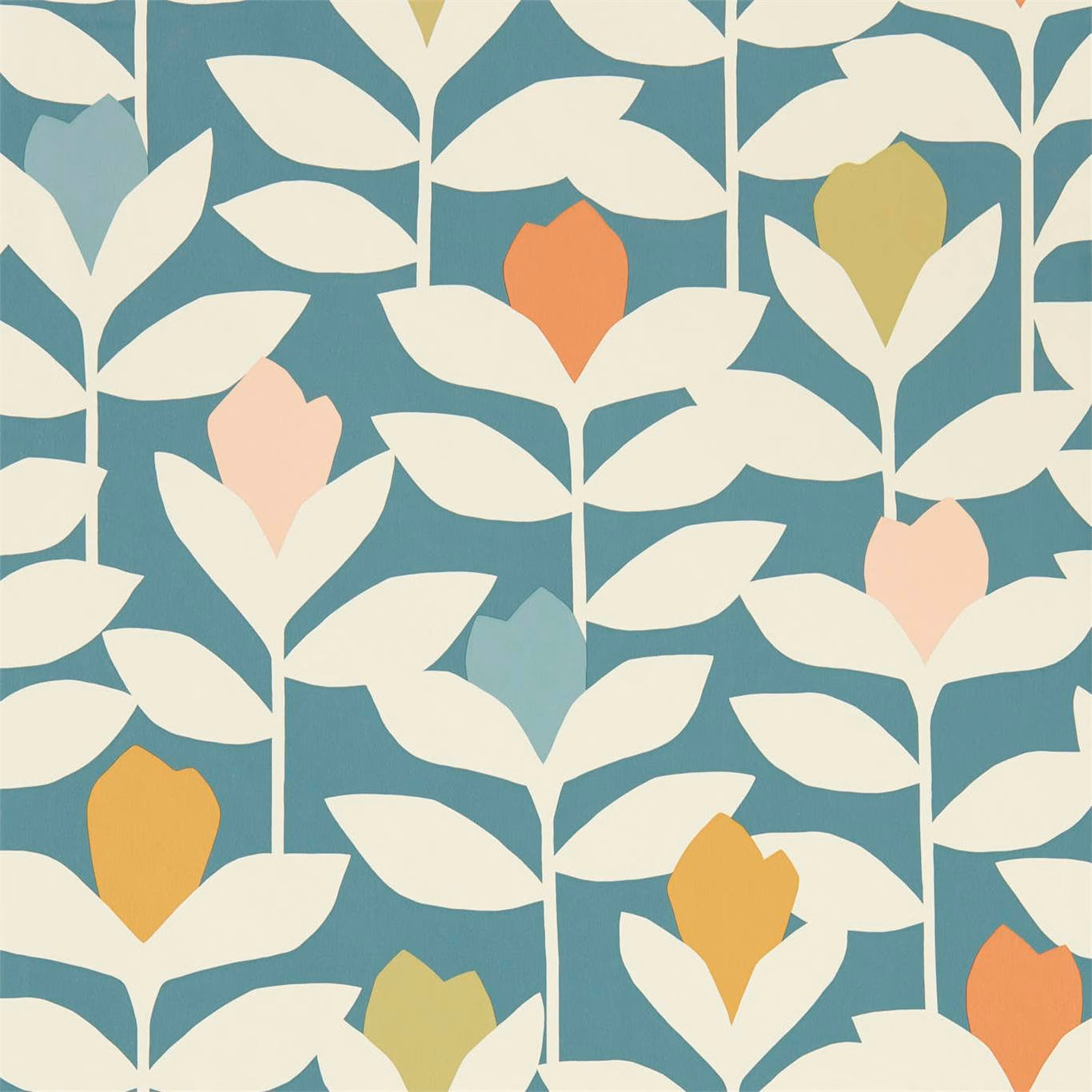 Muted teal wallpaper with cream leaves and coral, pink, mustard and olive buds