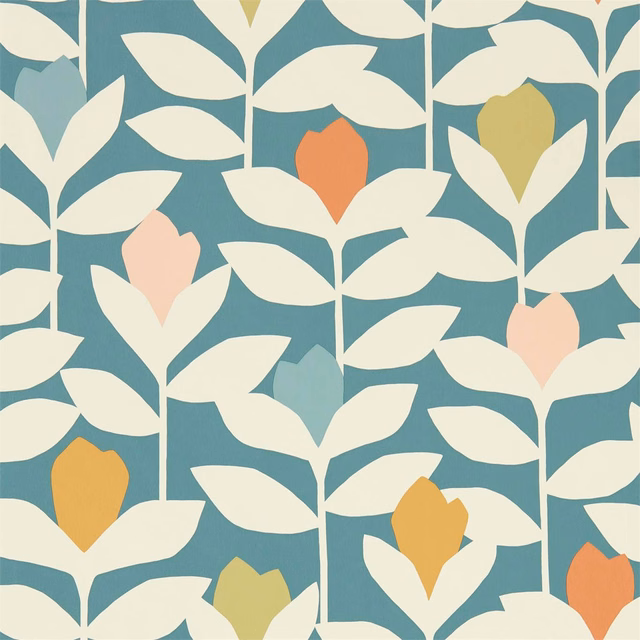 Muted teal wallpaper with cream leaves and coral, pink, mustard and olive buds
