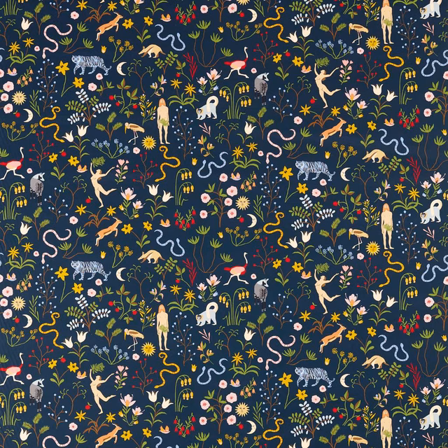 Midnight navy fabric densely patterned with colourful flowers, animals, figures and curling serpents