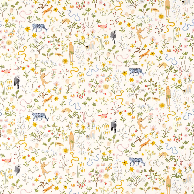 Warm ivory fabric with colourful flowers, animals, birds and winding botanical forms