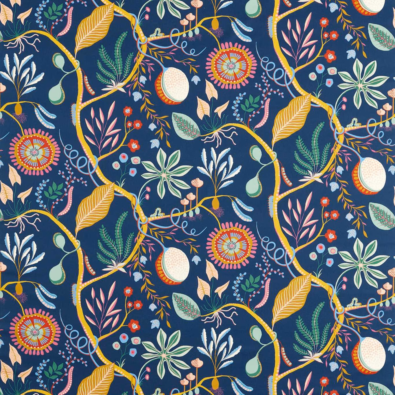 Midnight blue botanical textile with mustard vines, pink blooms and pale fruit motifs