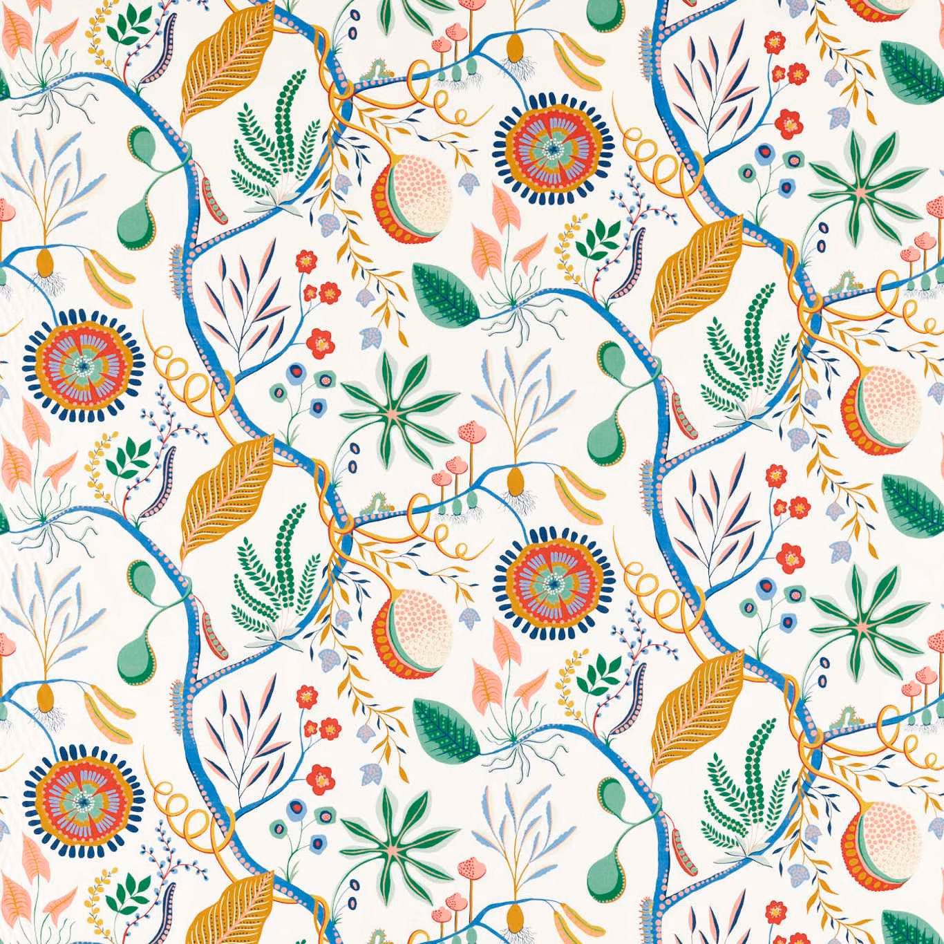 Ivory fabric with blue vines, green leaves, coral flowers and ochre botanical motifs