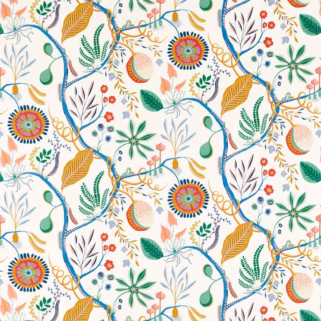 Ivory fabric with blue vines, green leaves, coral flowers and ochre botanical motifs