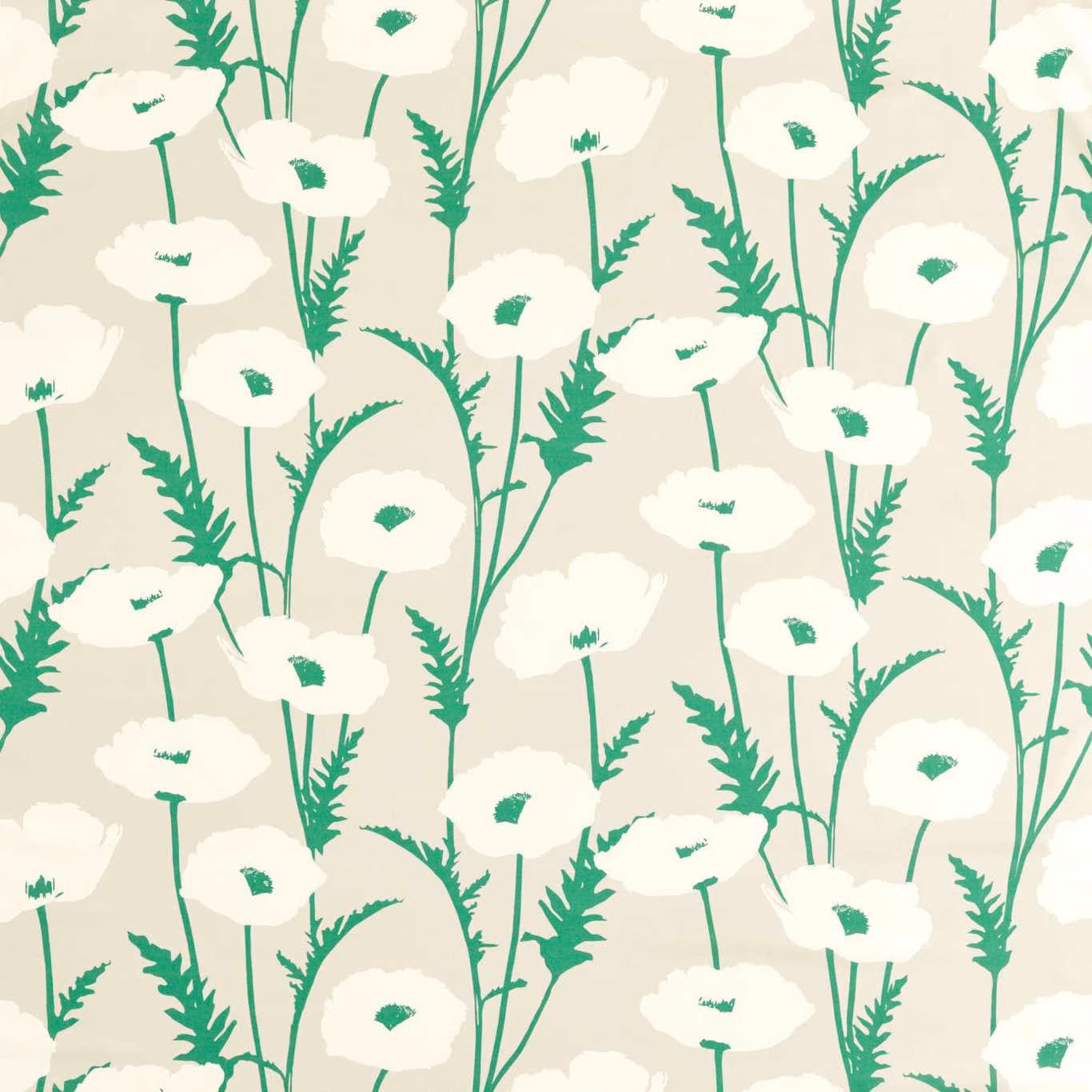 Cream poppy blooms and vivid gecko-green stems on a parchment ground
